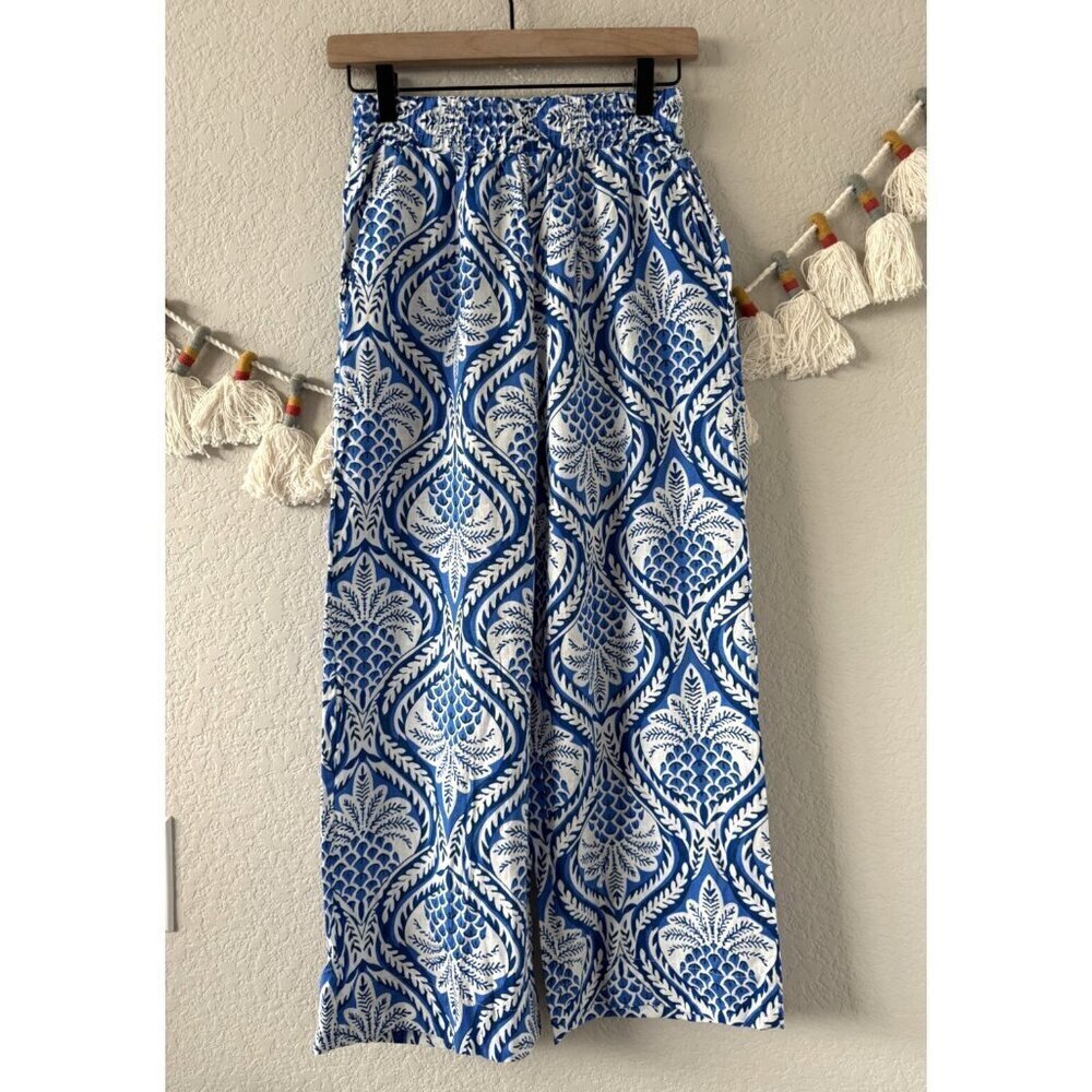 Panama Jack Linen Blend Pineapple Floral Wide Leg Pull On Pant Tropical Coastal